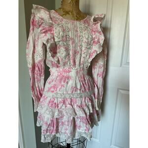 Love shack fancy Santorini dress pink white Sz m ruffled lace bell sleeve short